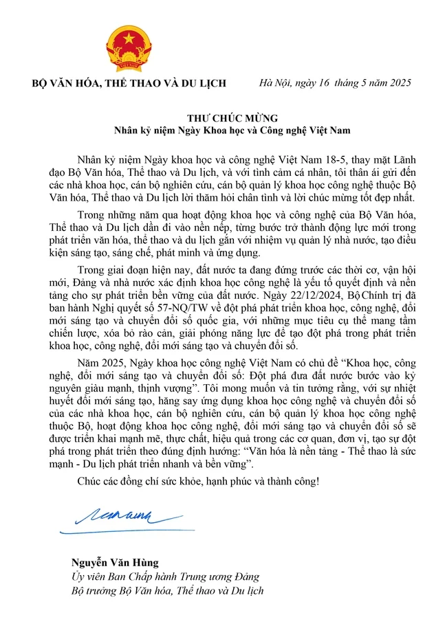Bộ trưởng Nguyễn Văn Hùng gửi thư chúc mừng nhân kỷ niệm Ngày Khoa học và Công nghệ Việt Nam - ảnh 1