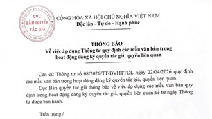 THÔNG BÁO Về việc áp dụng Thông tư quy định các mẫu văn bản trong hoạt động đăng ký quyền tác giả, quyền liên quan