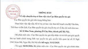 Về việc chuyển trụ sở làm việc của Cục Bản quyền tác giả