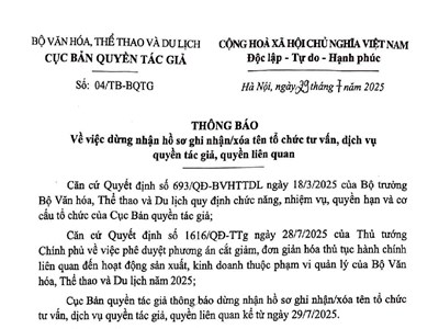Thông báo Về việc dừng nhận hồ sơ ghi nhận/xóa tên tổ chức tư vấn, dịch vụ quyền tác giả, quyền liên quan