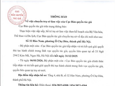 Về việc chuyển trụ sở làm việc của Cục Bản quyền tác giả