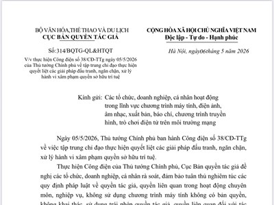 Thực hiện Công điện số 38/CĐ-TTg của Thủ tướng Chính phủ về việc tập trung chỉ đạo thực hiện quyết liệt các giải pháp đấu tranh, ngăn chặn, xử lý hành vi xâm phạm quyền sở hữu trí tuệ